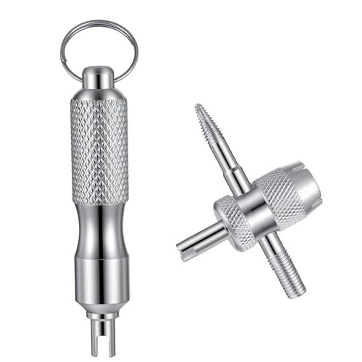 Silver valve stem tool keychain with key ring and separate threaded removal tool