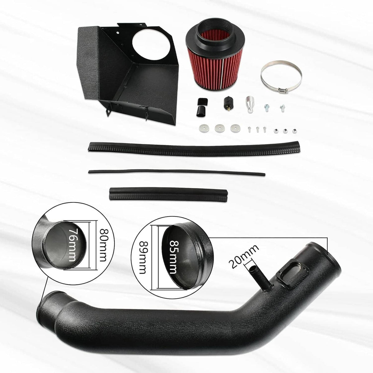 Cold air intake kit parts kit: black hoses, red cone filter, clamps, and hardware