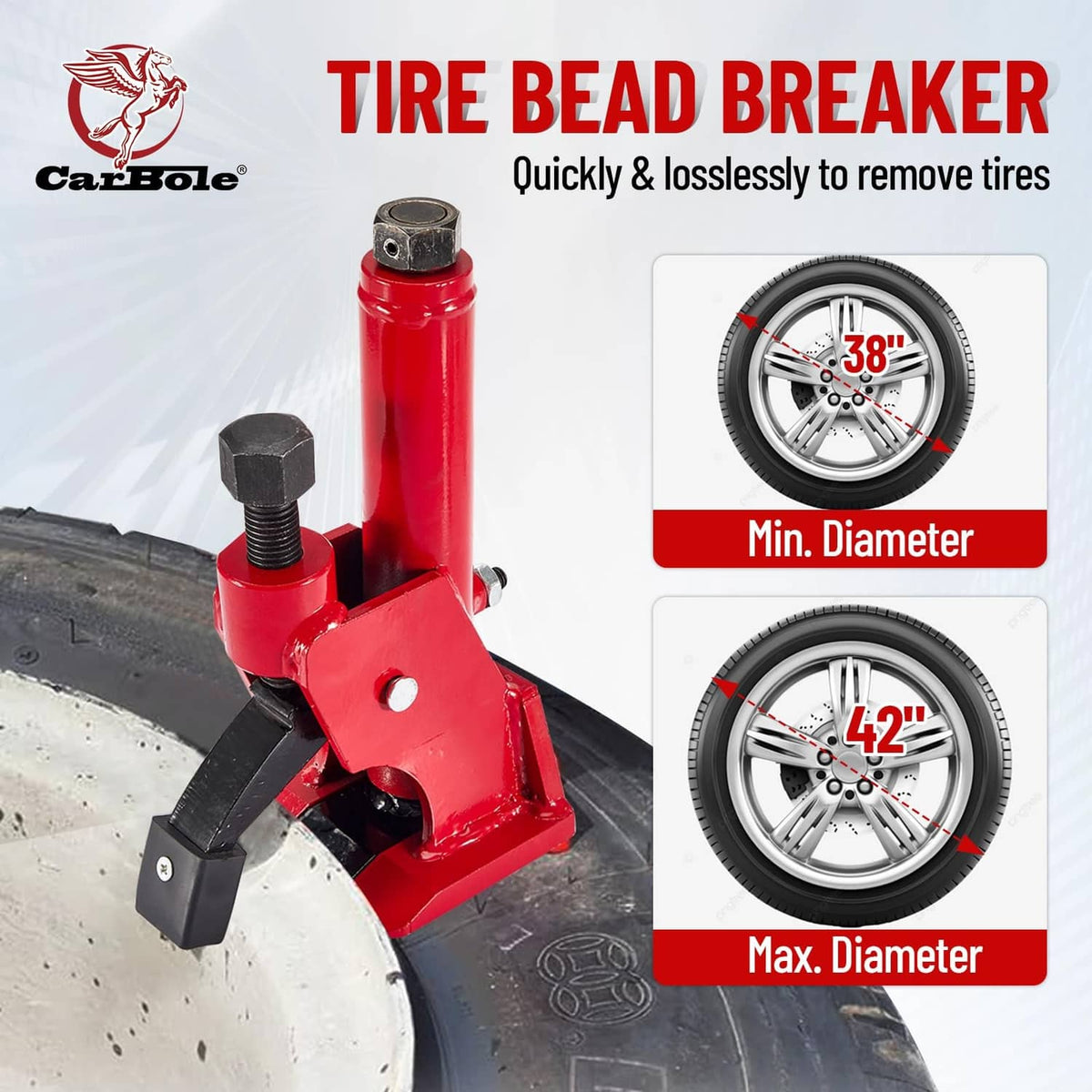 Red tire bead breaker with adjustable screw post for 38–42 inch tires