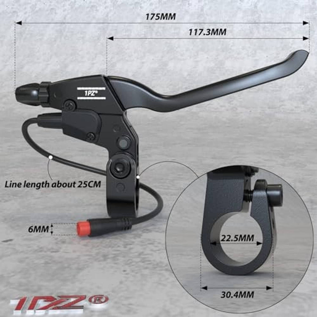 Black e-brake lever with attached wire, shown with overall size measurements