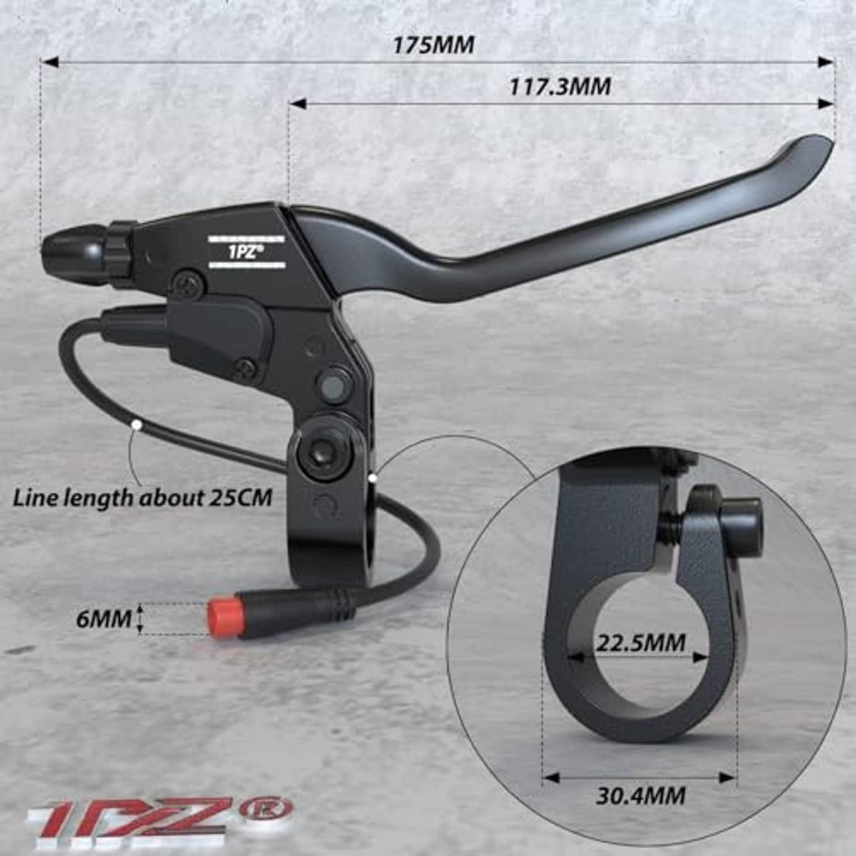 Black e-brake lever with attached wire, shown with overall size measurements
