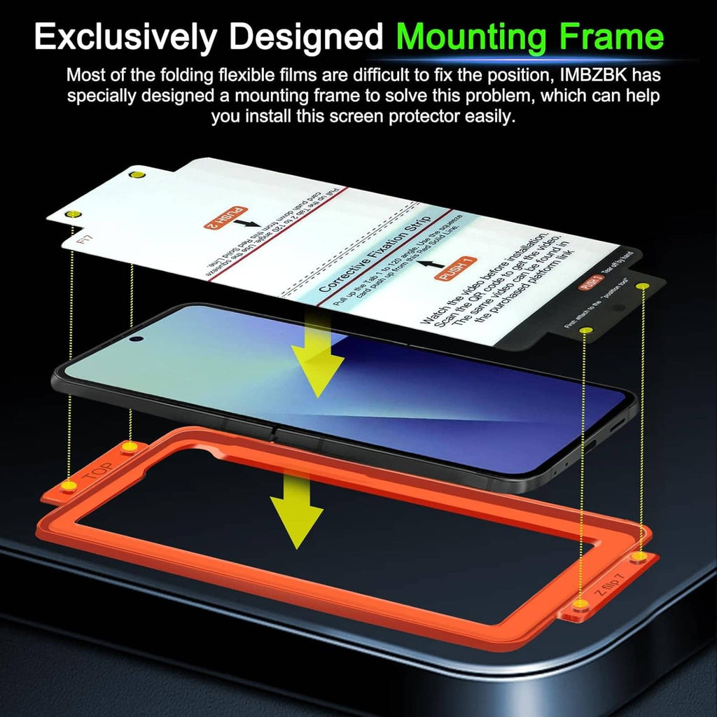 Mounting frame for auto-install transparent screen protector on a foldable phone