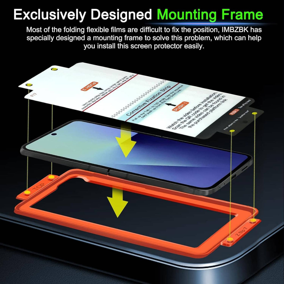 Mounting frame for auto-install transparent screen protector on a foldable phone