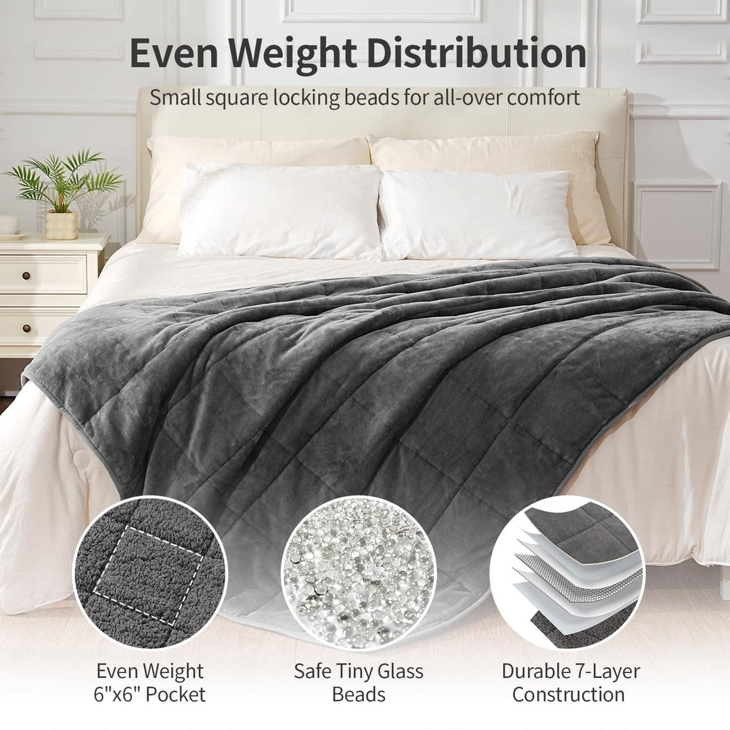 Grey weighted blanket neatly spread on a bed with visible stitching