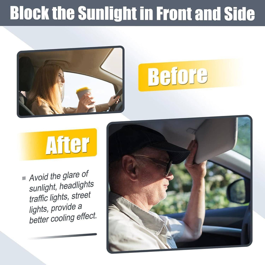 Car sun visor before-and-after view blocking sunlight in front and side windows