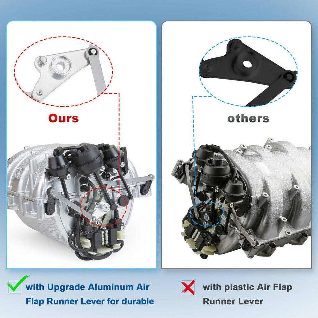 Intake manifold assembly comparison showing silver unit with metal air flap lever