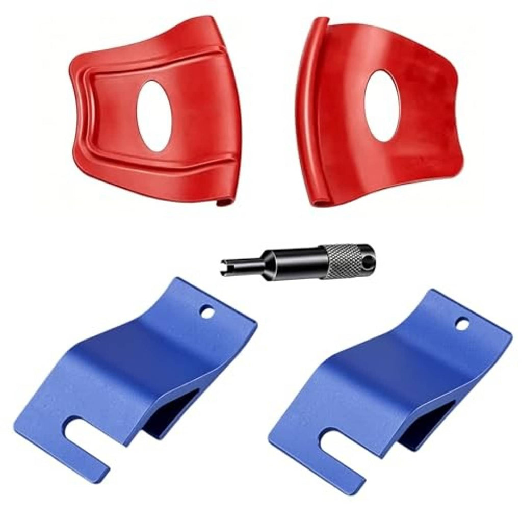 Motorcycle tire changing tool kit showing red rim shields, blue bead holders, black valve core remover
