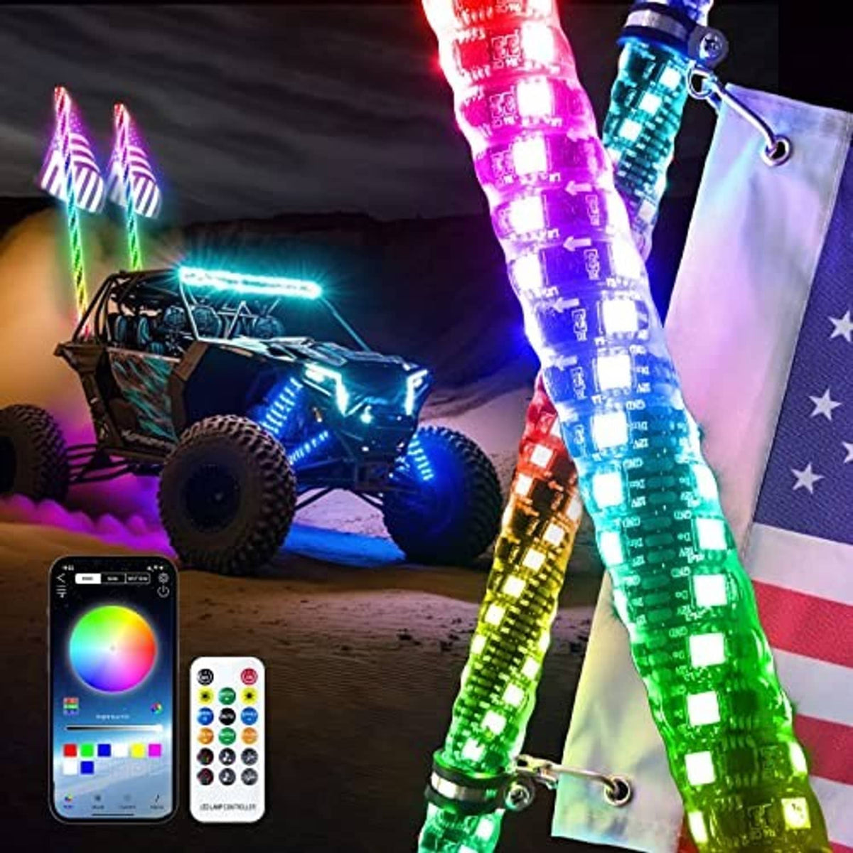 RGB LED whip lights with controller remote, two colorful strips hanging