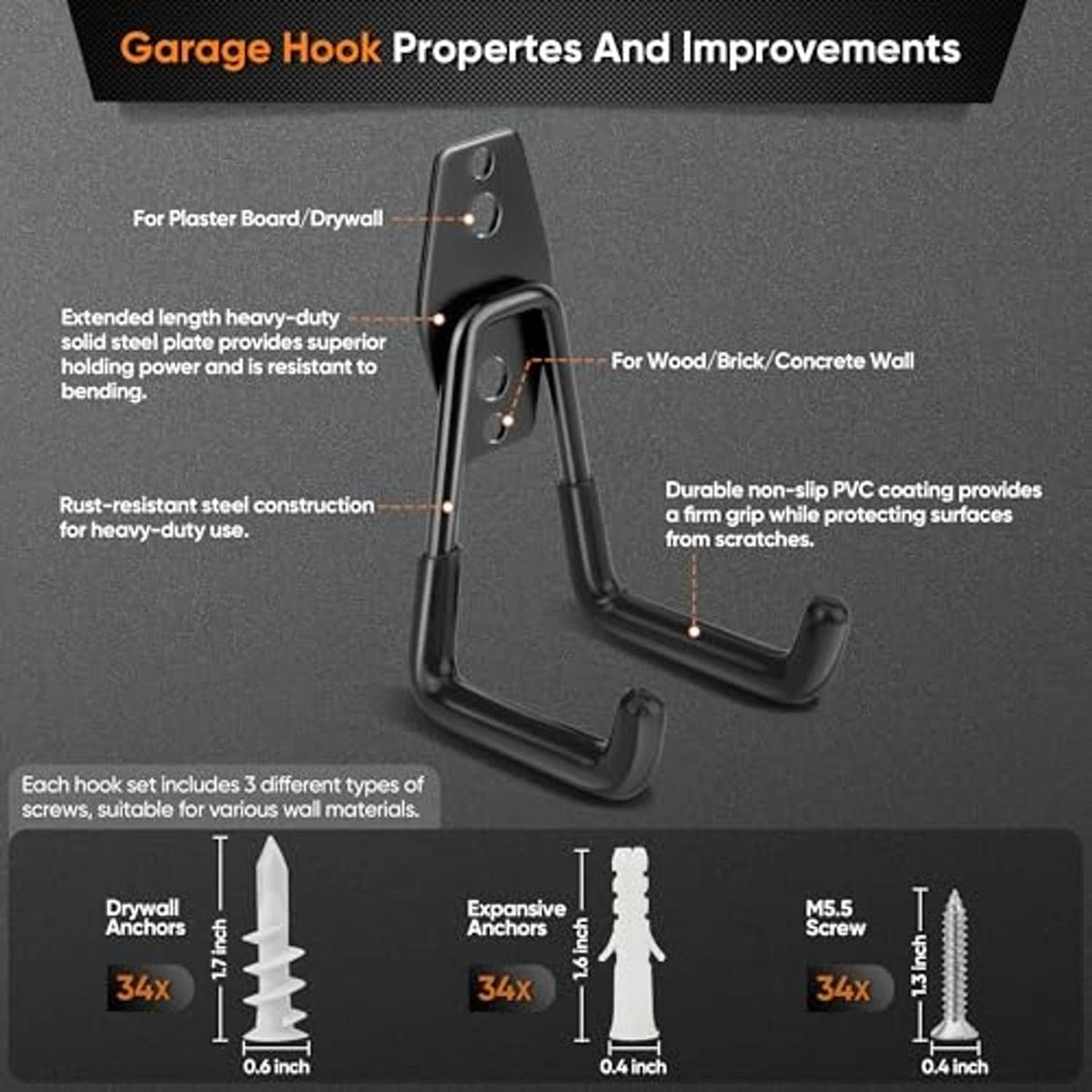 Steel garage hook with wall-mount hardware options shown for drywall and brick/concrete
