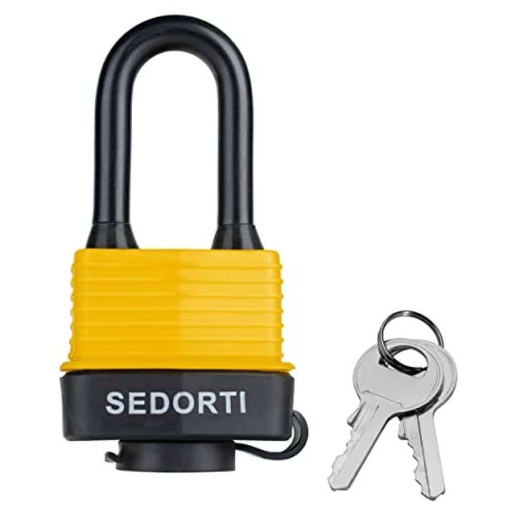 Yellow waterproof U-buckle padlock with black base and two metal keys