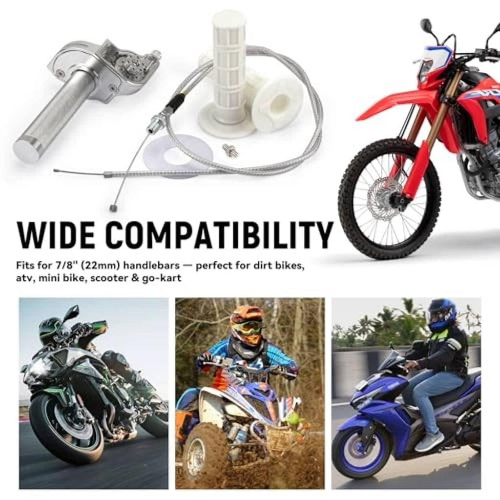 Universal mini bike throttle kit components: silver twist unit, white grips, and control cables