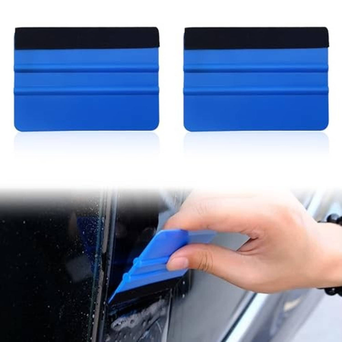 Blue felt edge squeegee scraper used to smooth vinyl on a car window
