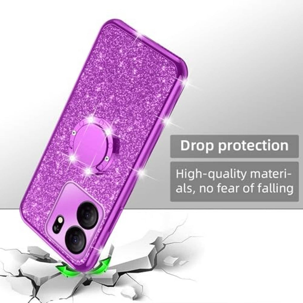 Purple glitter TPU phone case with ring kickstand, drop protection shown by cracks