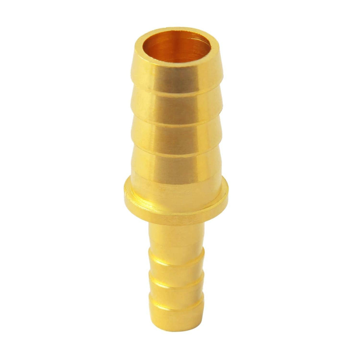 Brass reducing hose barb coupler with two barbed ends, 3/8 to 1/4 hose ID