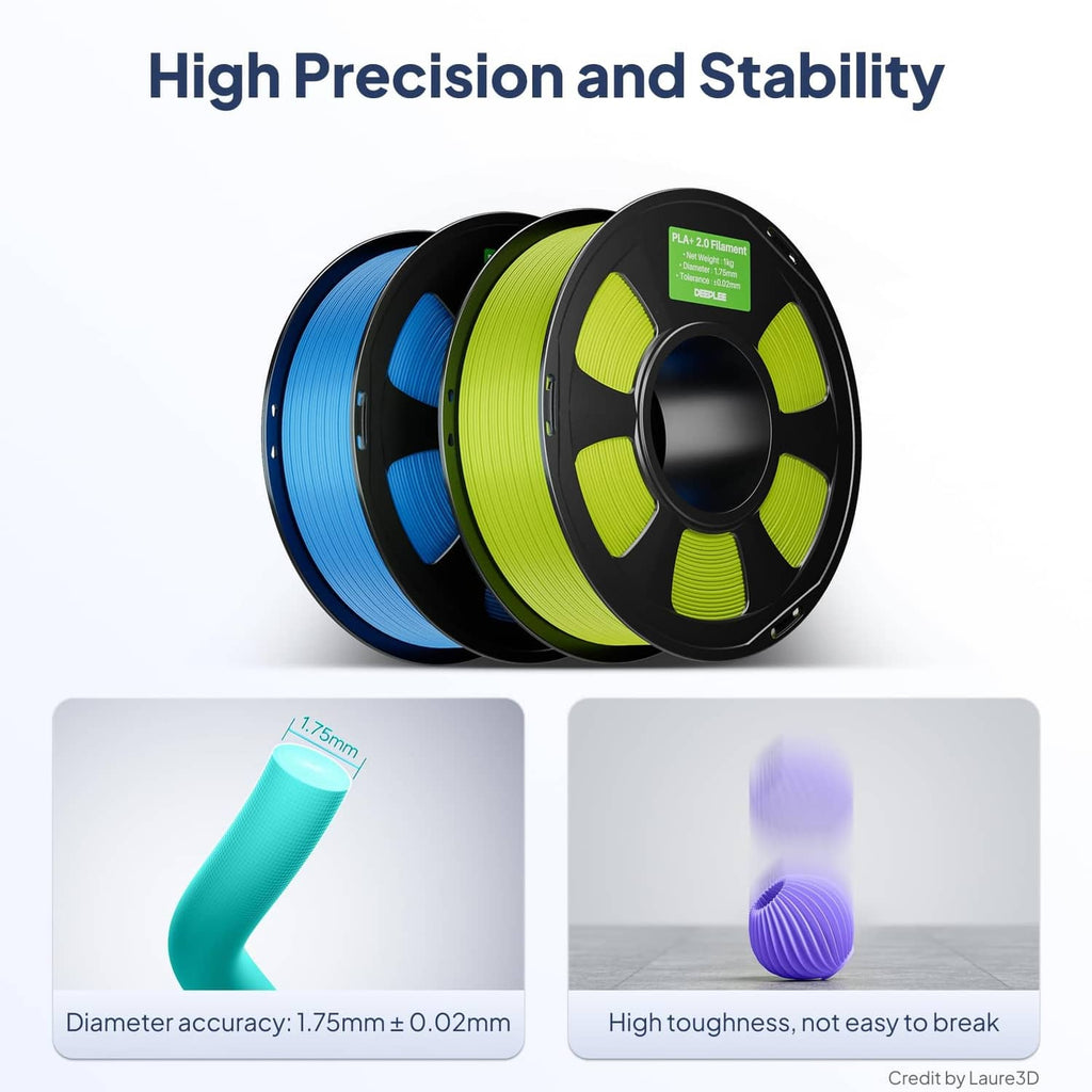 Multiple PLA+ filament spools in blue, green, and lime with coiled filament ends