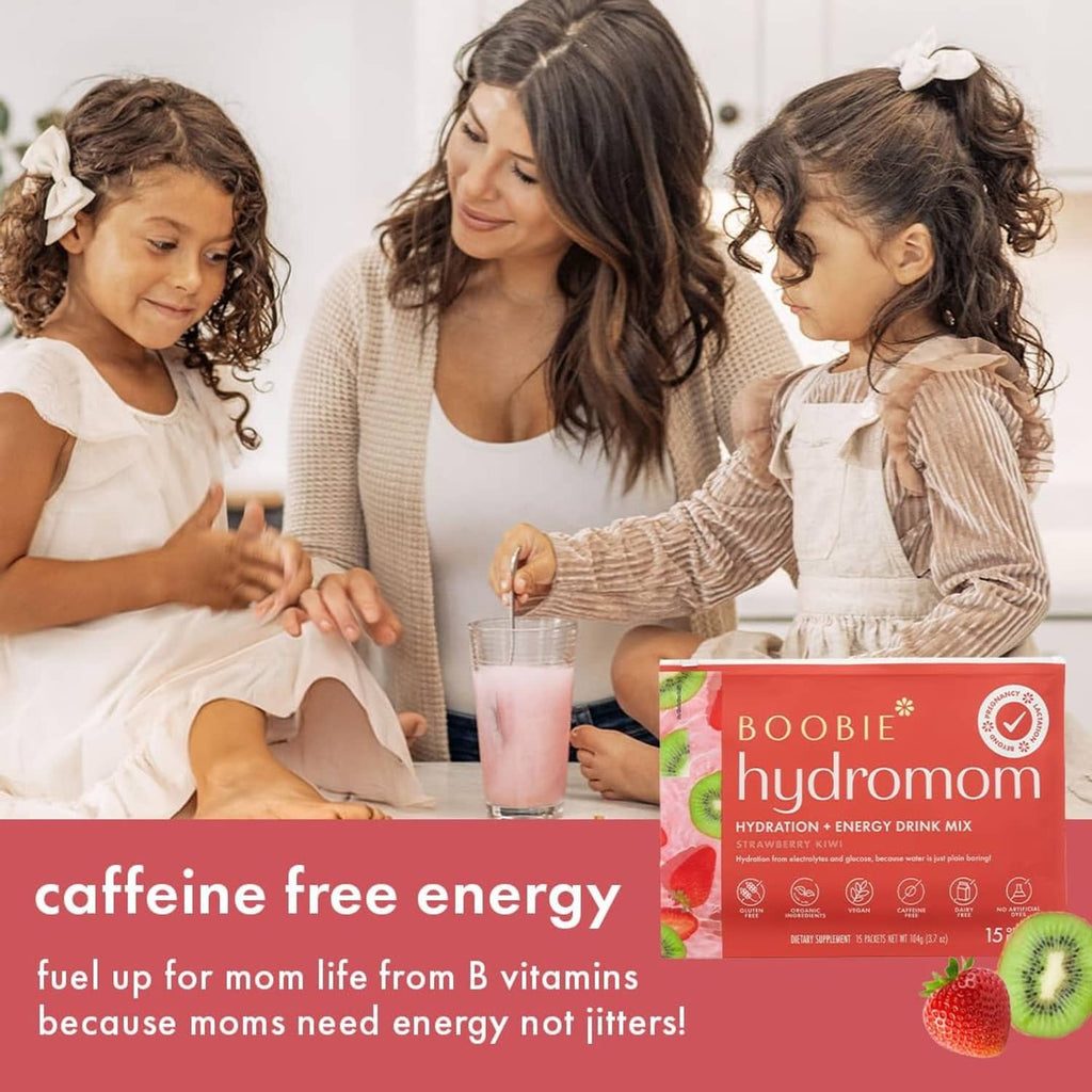 Hydromom hydration energy drink mix box and stick pack on table in family scene