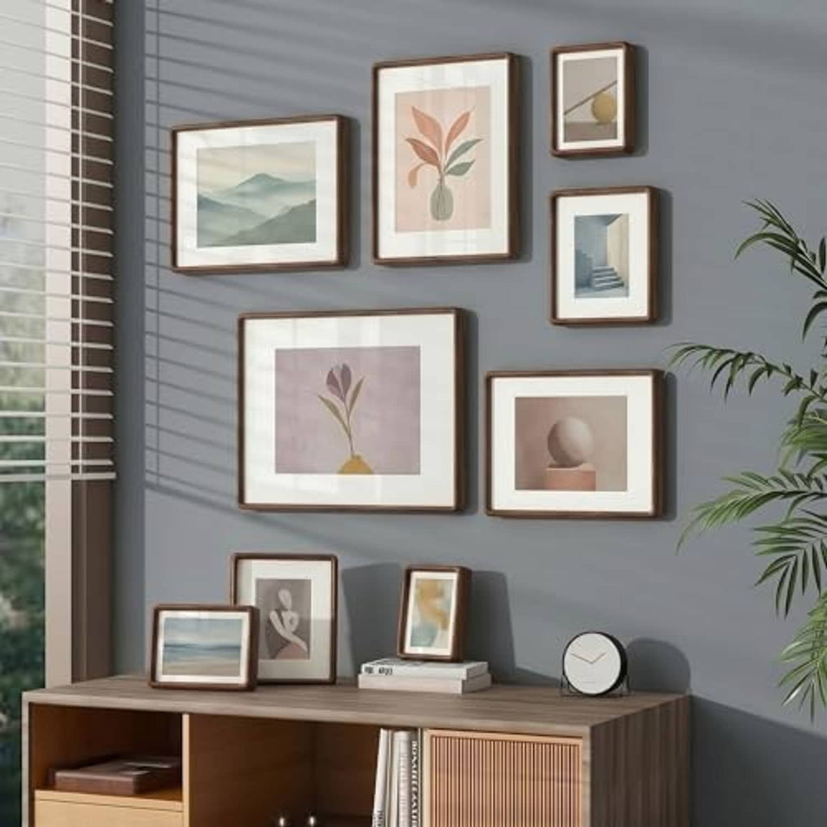 Set of walnut picture frames with rounded edges displaying photos on wall