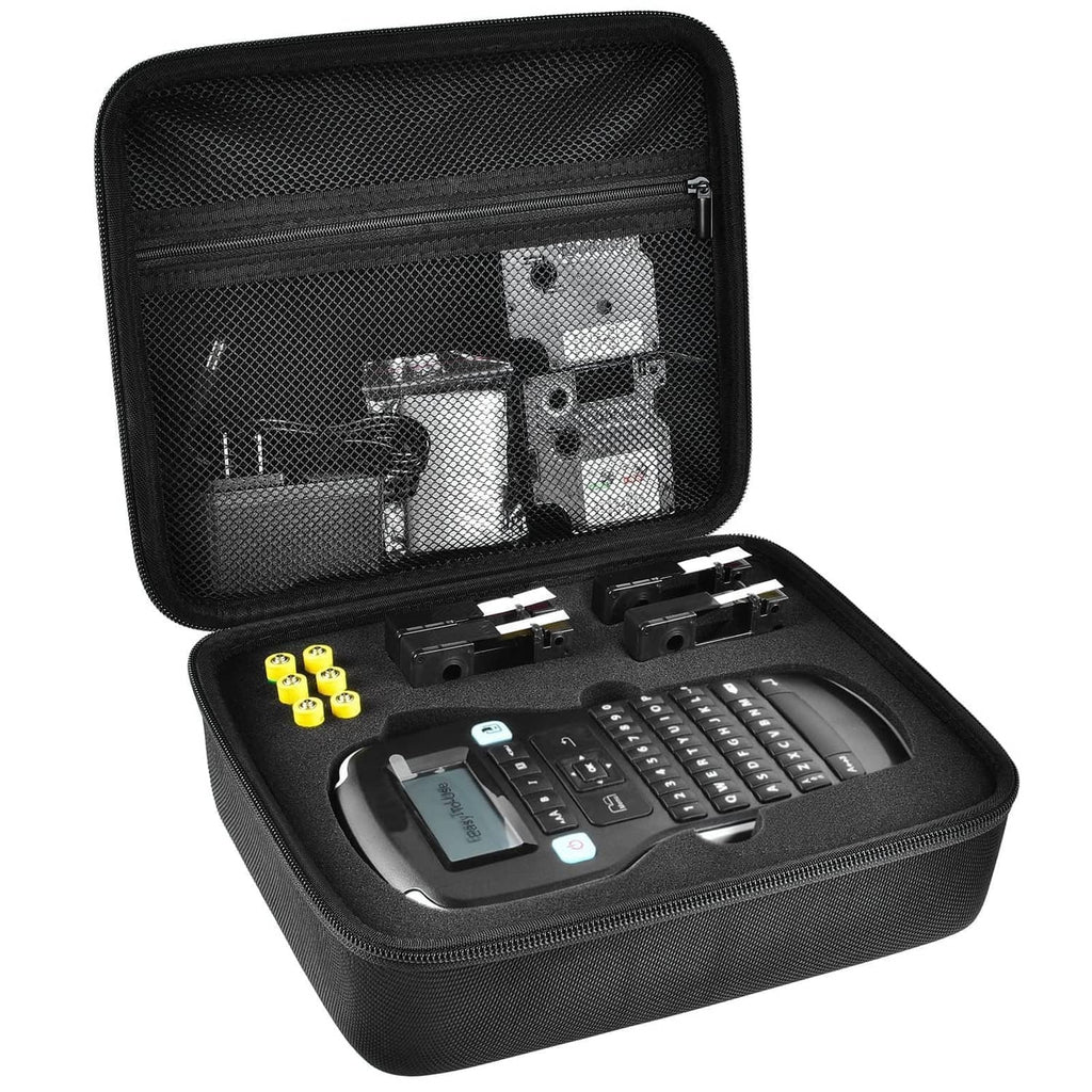 Black zippered label maker storage case with mesh top window and molded insert