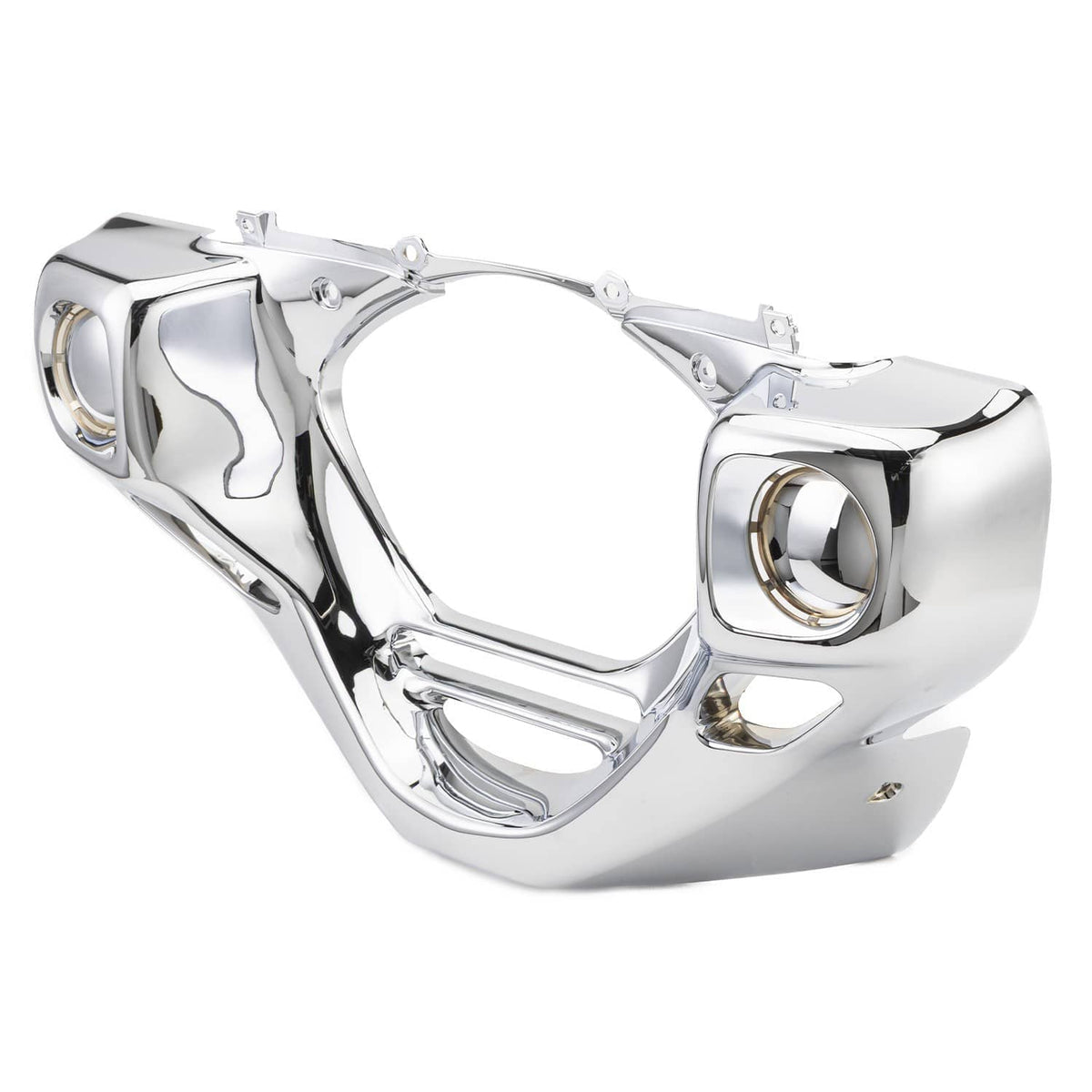 Chrome engine front cowl cover side view, polished finish and round lamp cutout