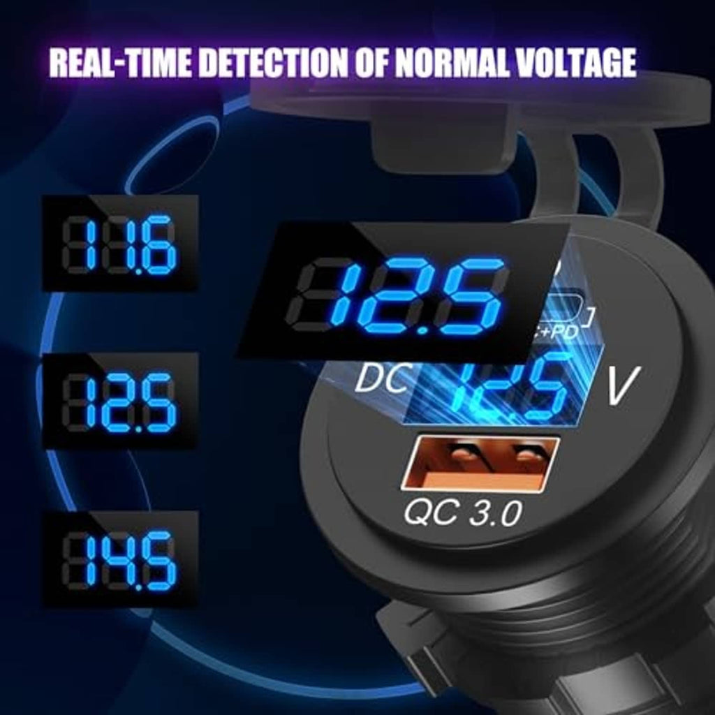 Black car USB charger with LED voltage indicators for Type-C PD and QC 3.0