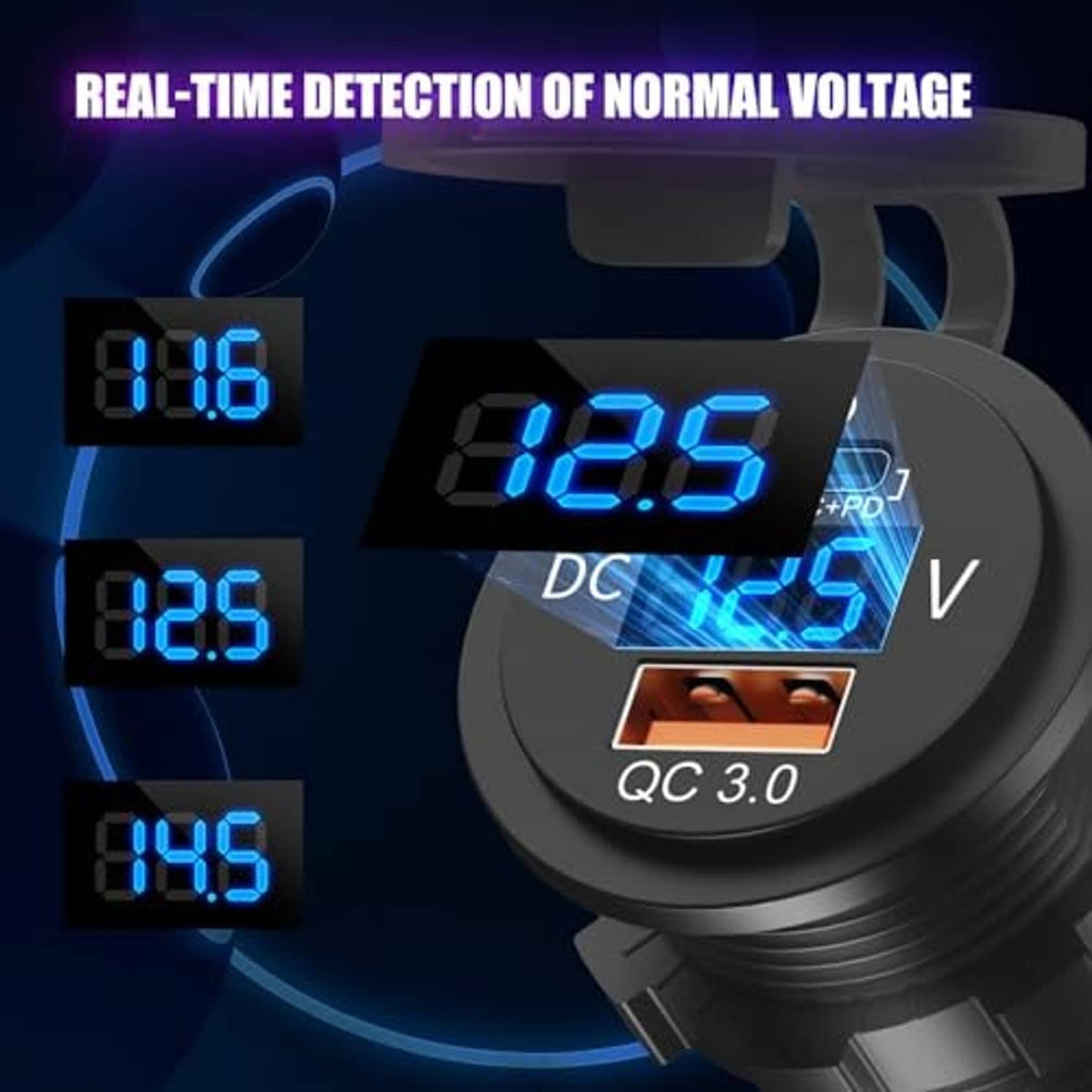 Black car USB charger with LED voltage indicators for Type-C PD and QC 3.0