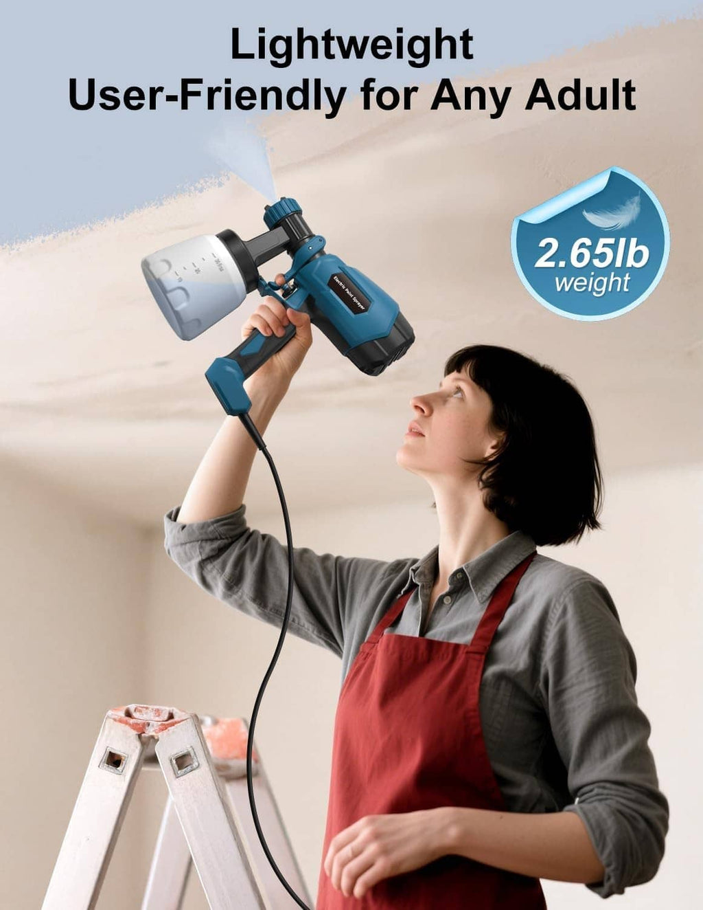 Handheld electric paint sprayer in light blue with black grip and trigger