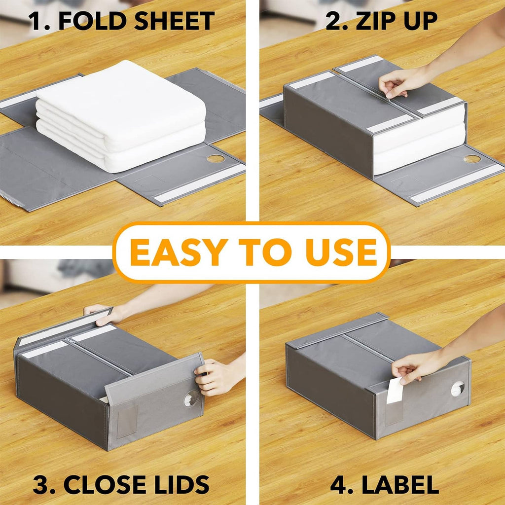 Gray sheet organizer bin with folding, zipper closure, close lids, and label window