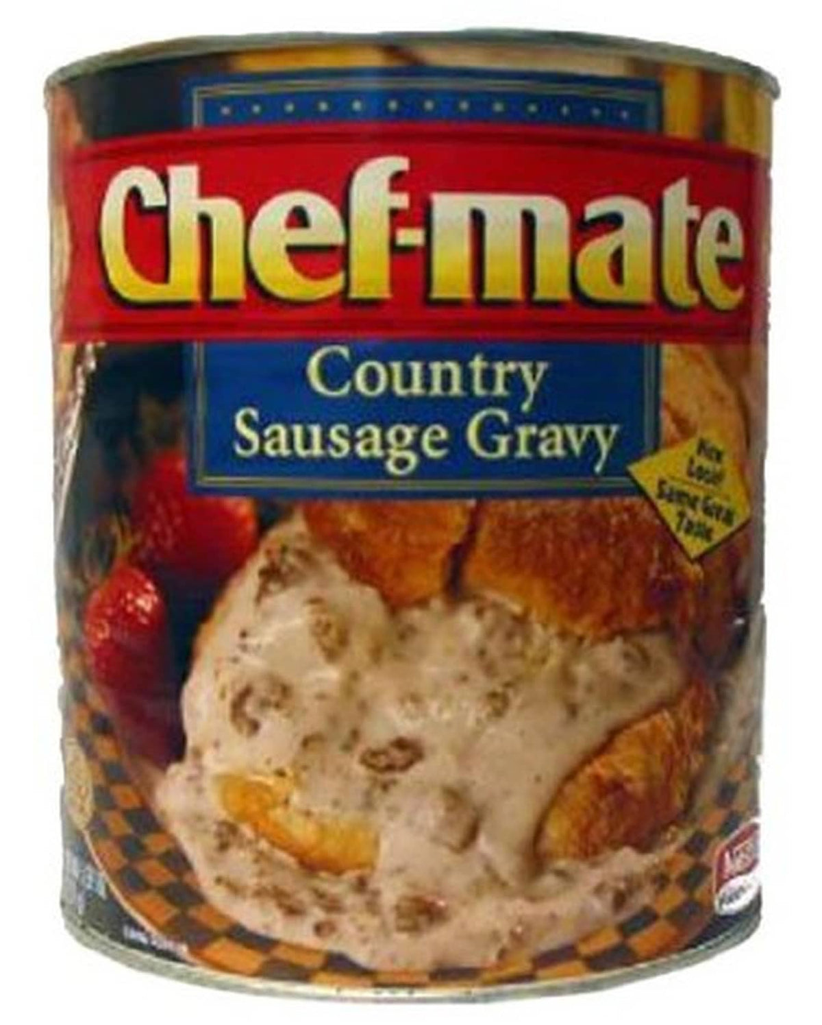 Chef-mate Country Sausage Gravy can front with creamy gravy over biscuits on label