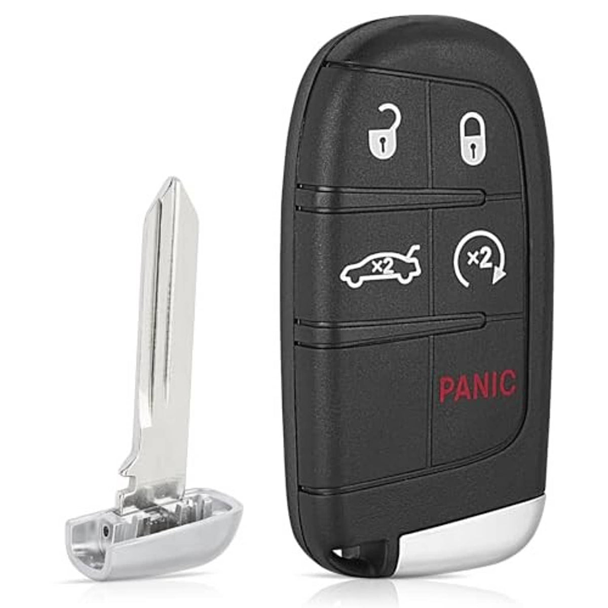 Black replacement key fob with lock, unlock, trunk, and panic buttons