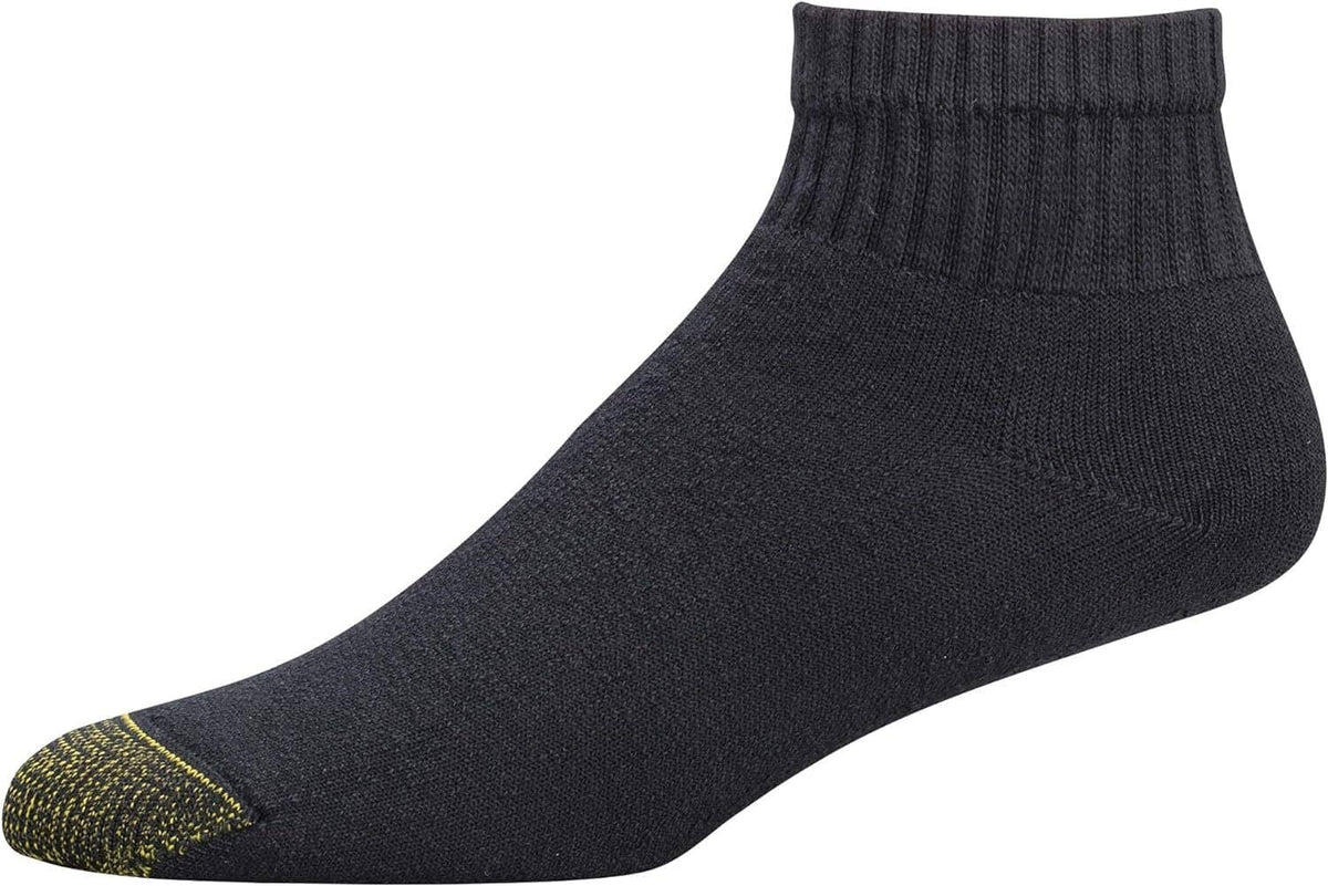 Men's athletic crew sock, dark body with yellow-speckle toe and reinforced heel