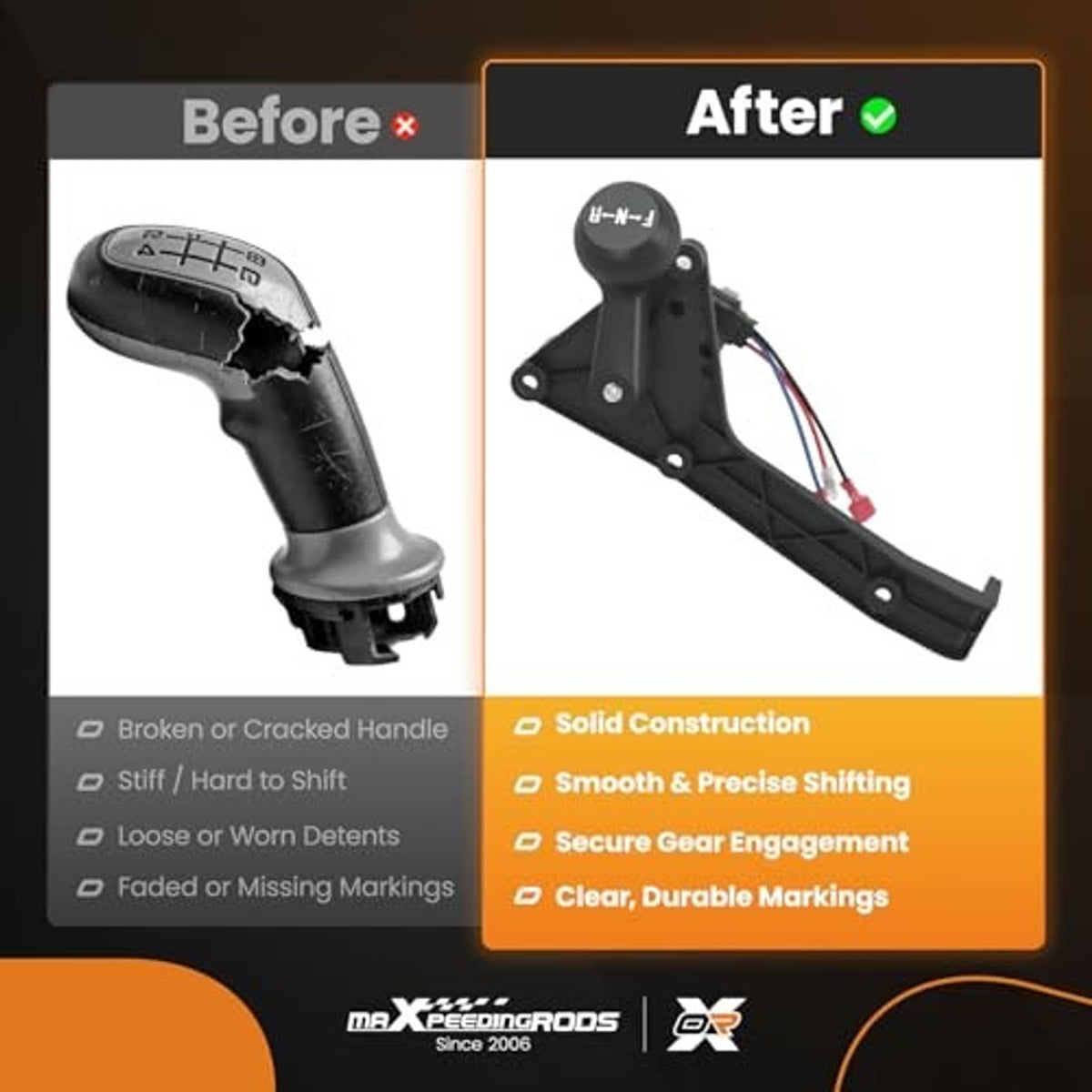 Forward and reverse shifter assembly upgrade shown with improved black handle and wiring