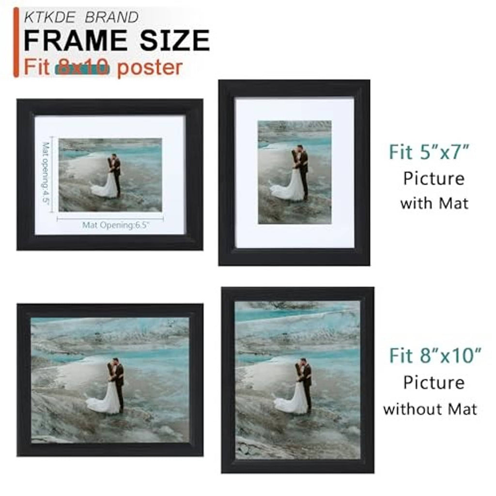 Black wood frame size guide: fits 5x7 with mat and 8x10 without mat
