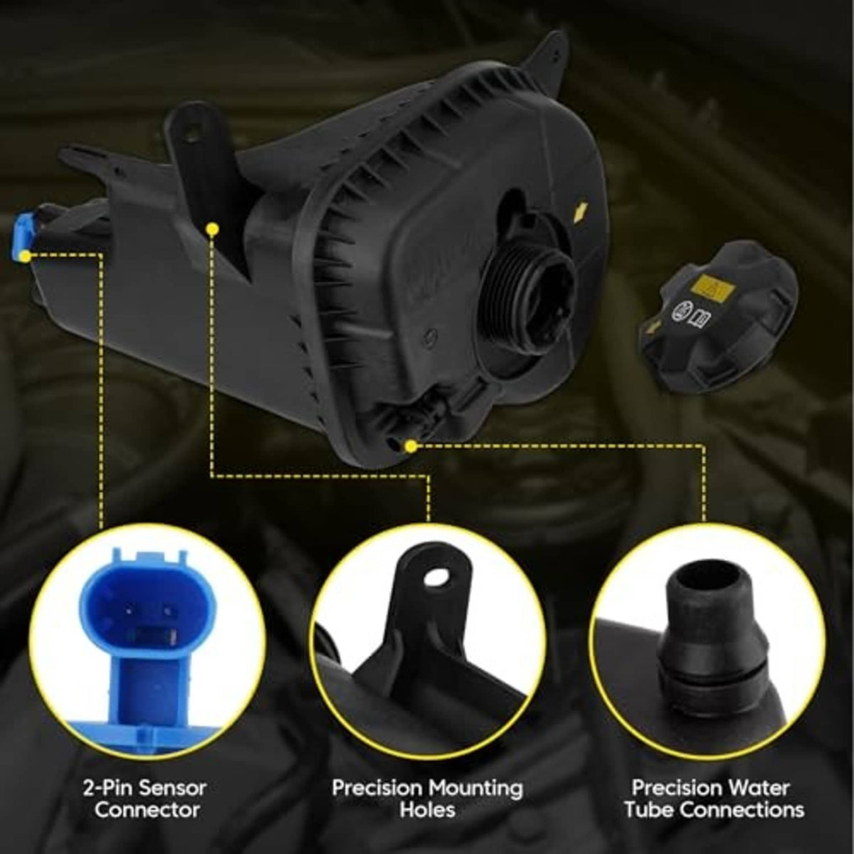 Black coolant reservoir tank with sensor, mounting holes, and water tube connection