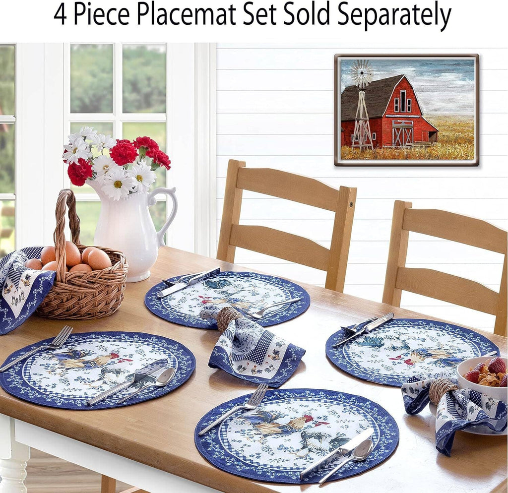 Table placemats with farm animal print and navy borders on a dining table