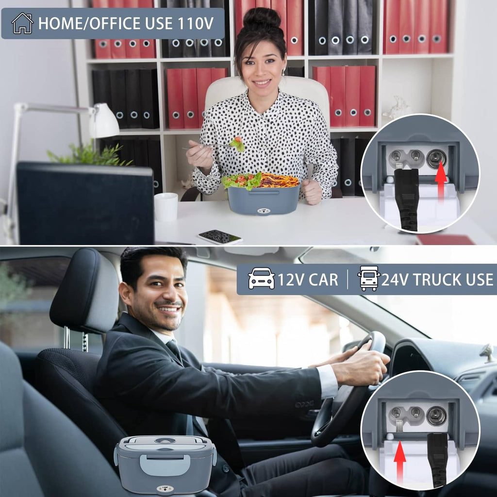 Light blue electric lunch box with power ports for home and vehicle heating