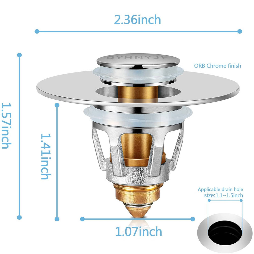 Chrome pop-up bathroom sink stopper with brass insert, shown front view and size guide.