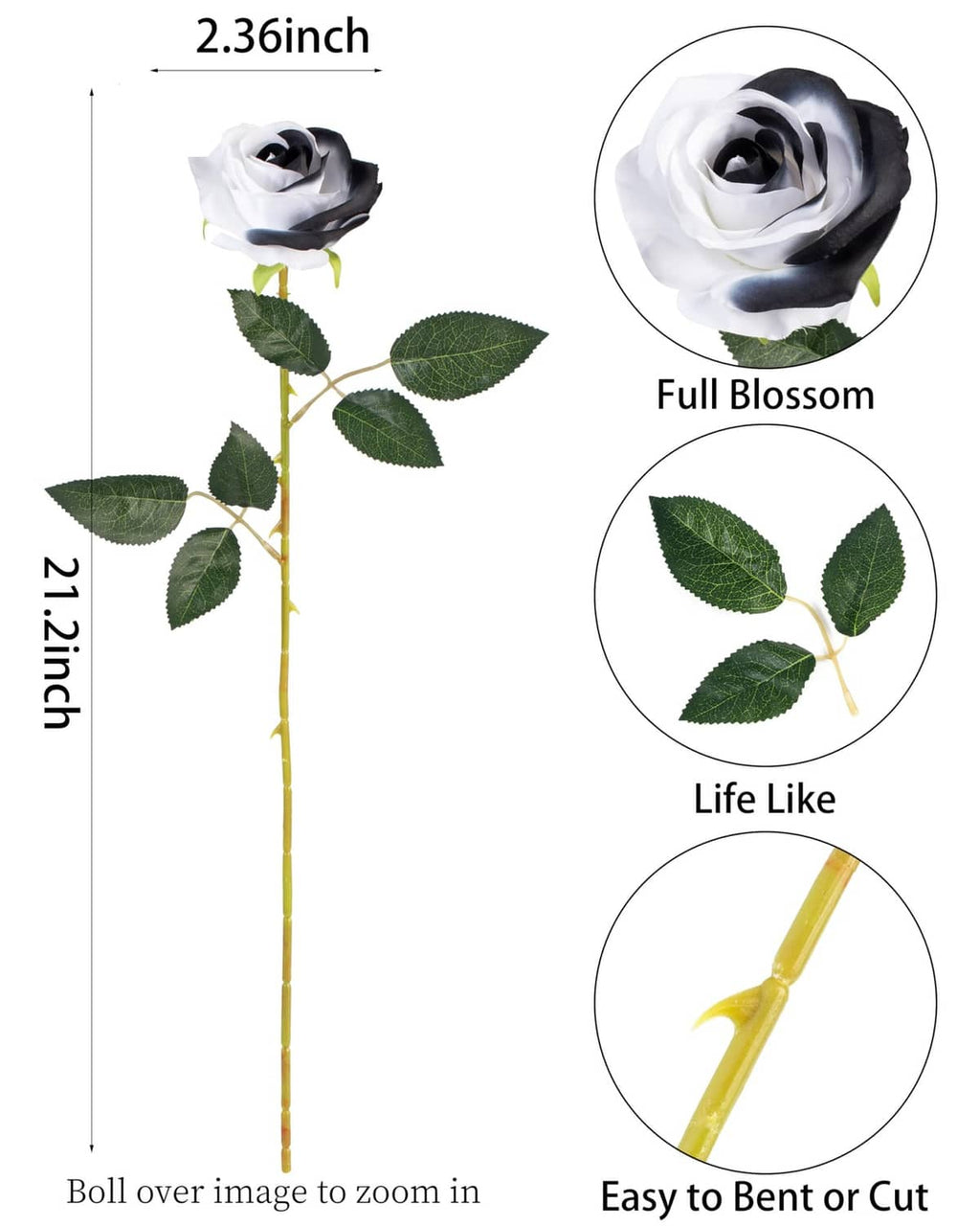 Artificial rose stem with white-and-black blossoms and green leaves, 12.1 in