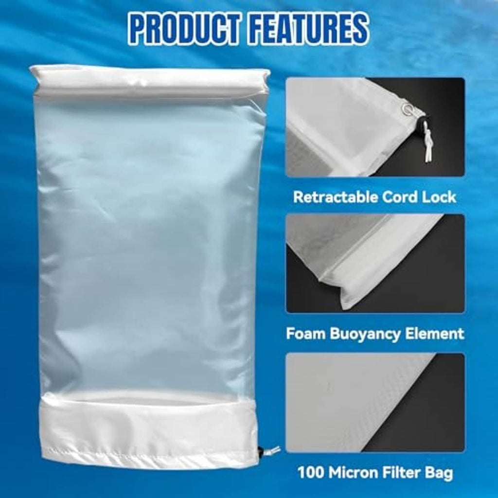 White 100-micron filter bag with retractable cord lock and foam buoyancy element