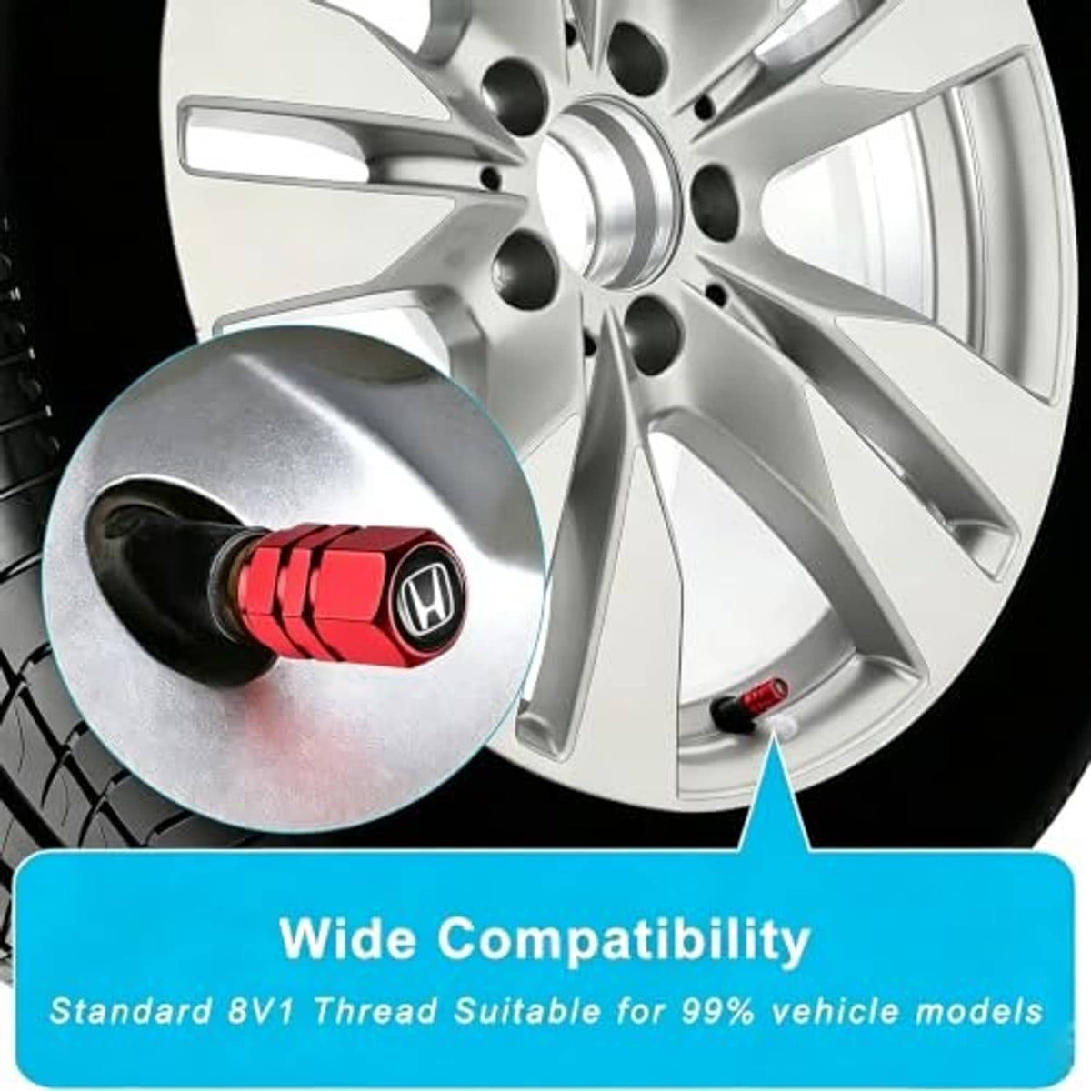 Red valve stem cap with Honda logo on a car wheel valve stem, close-up