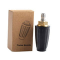 Turbo pressure washer nozzle with black body and brass inlet, packaged with kraft box
