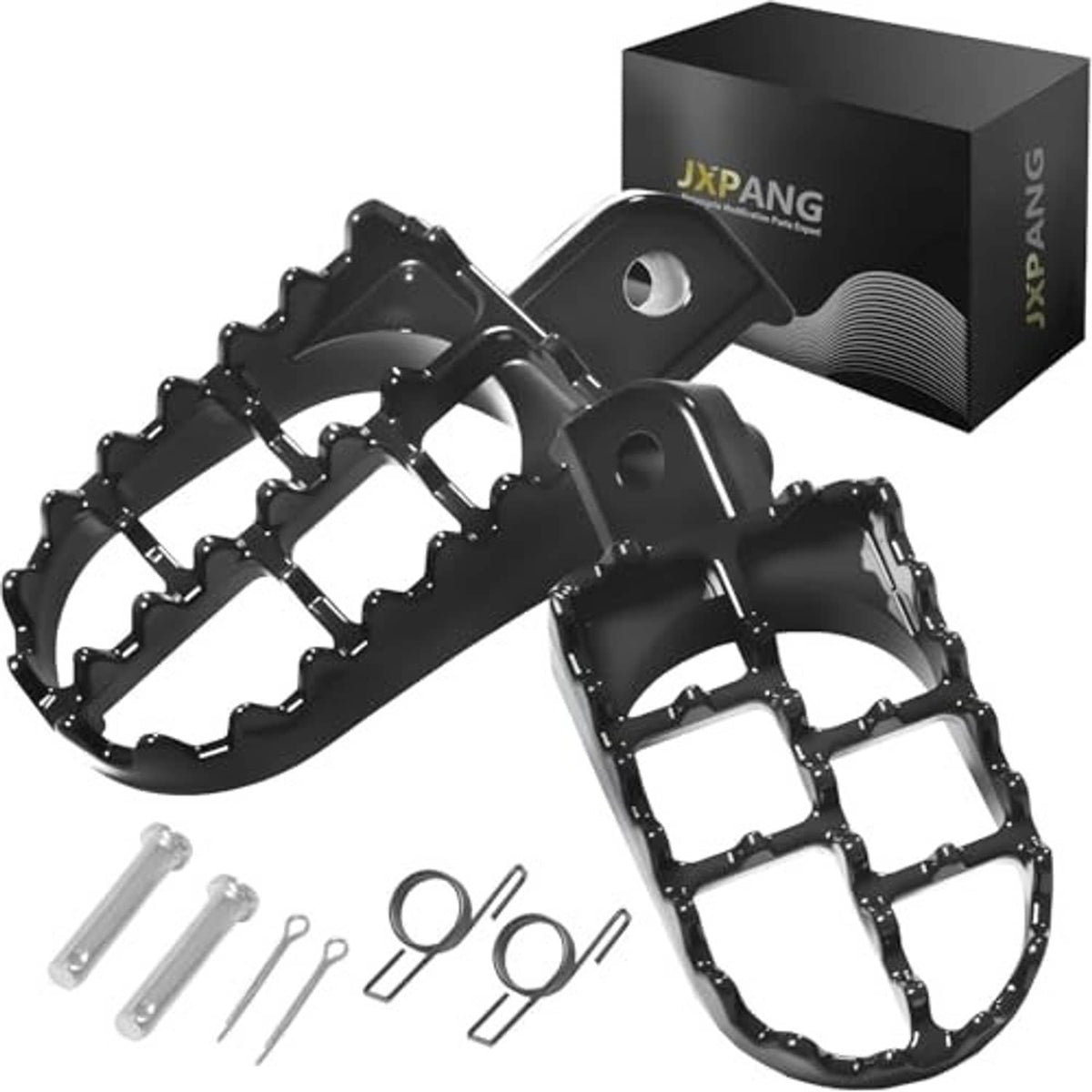 Black toothed motorcycle foot pegs with mounting bracket and included hardware, boxed