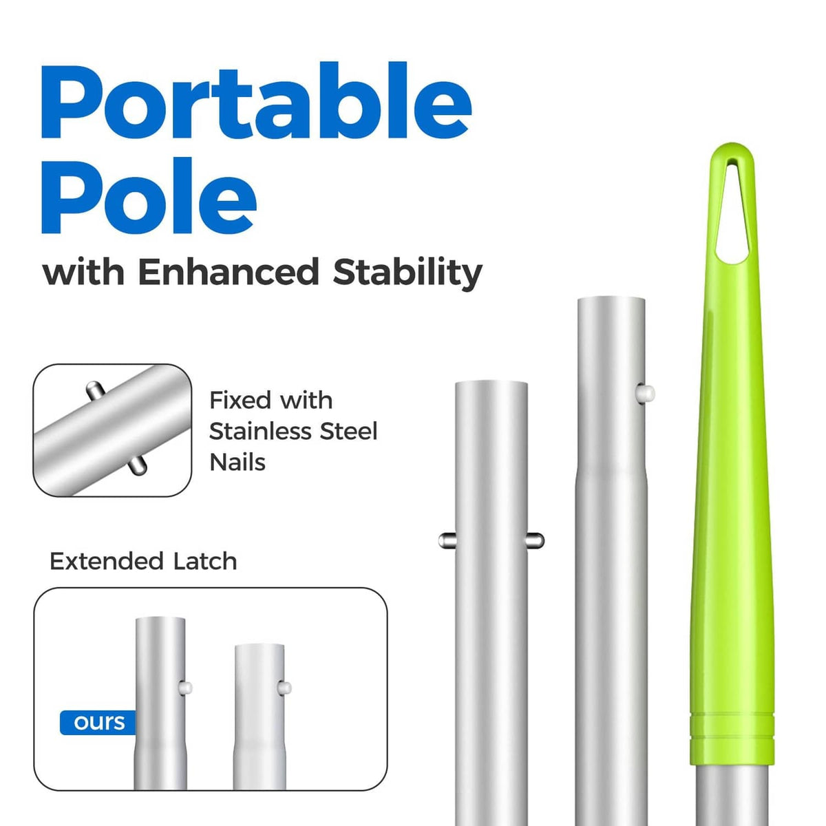 Lime green pool net pole with silver extendable sections and latch locking points