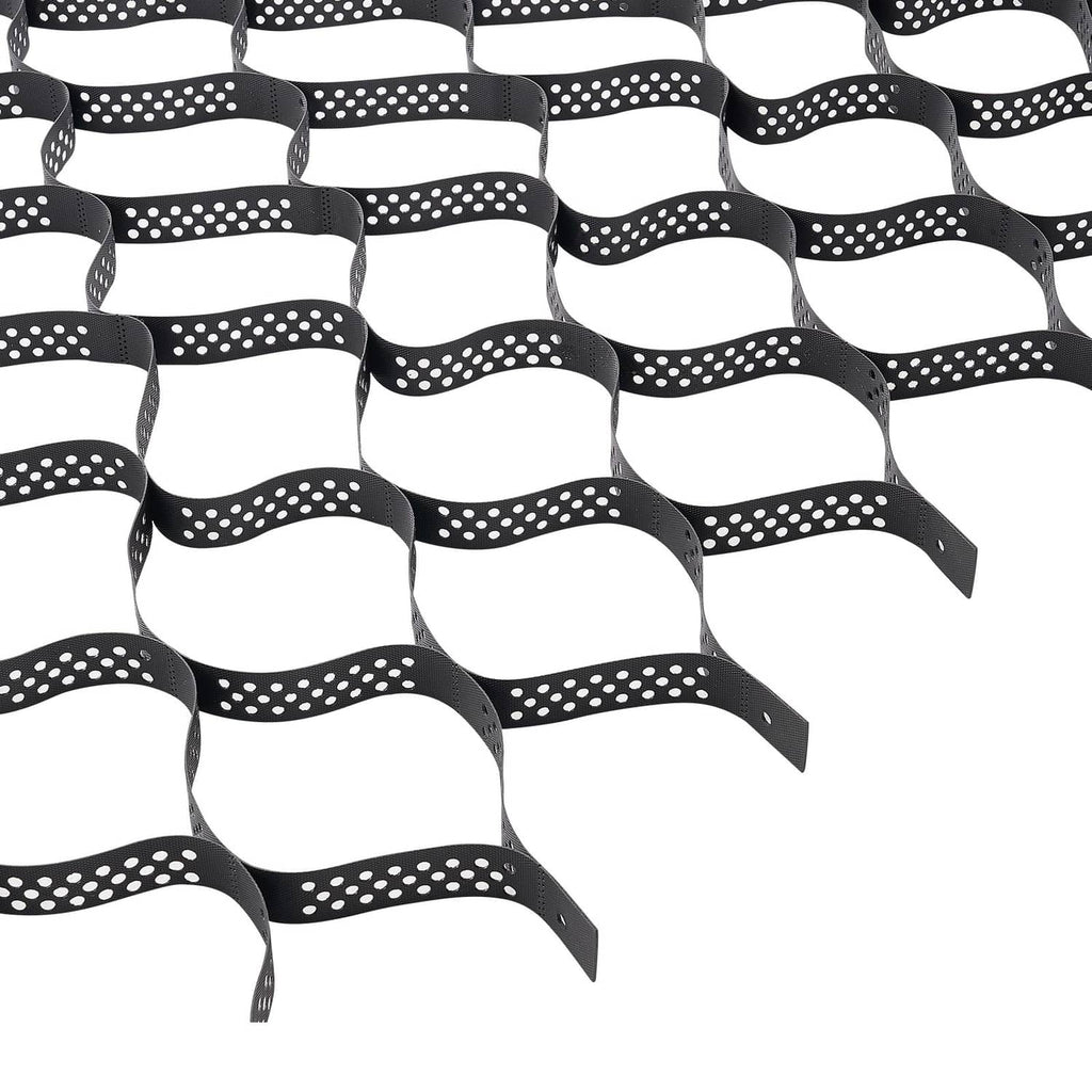 Black plastic geocell ground grid with curved honeycomb cells for gravel