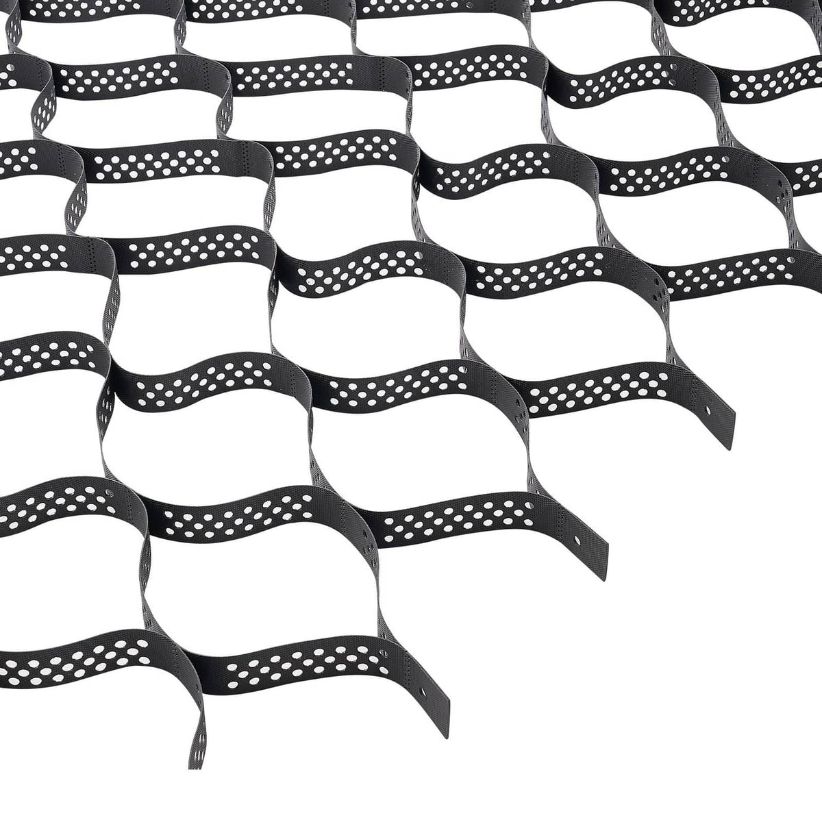 Black plastic geocell ground grid with curved honeycomb cells for gravel