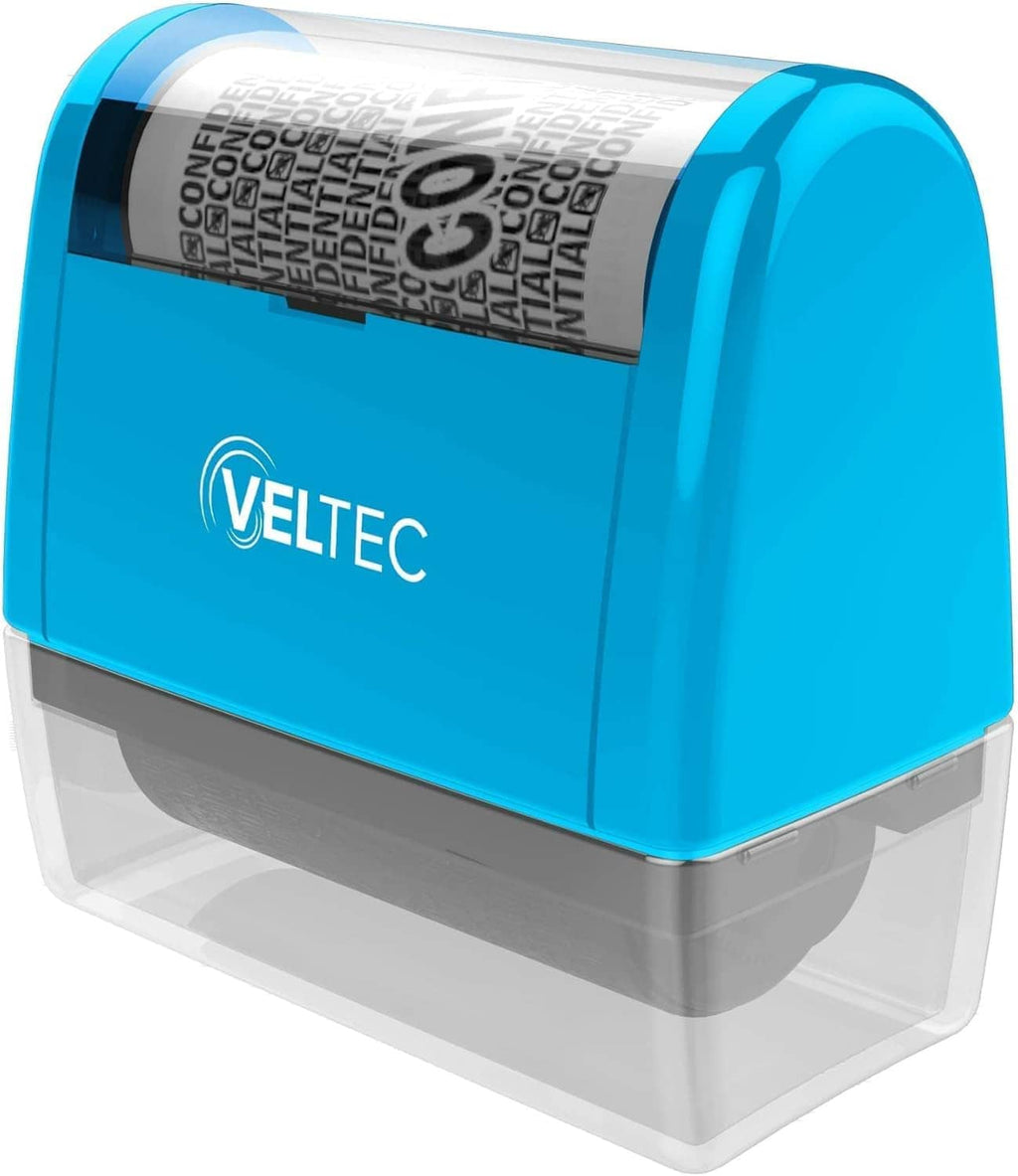Blue identity ink roller stamp with VELTEC logo and black roller in clear housing