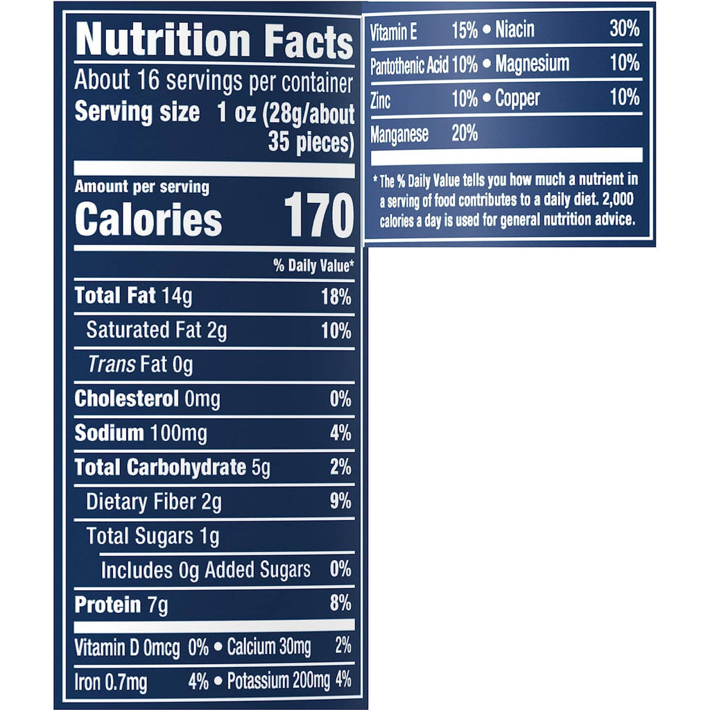 Nutrition facts label for salted peanuts with calories, fat, sodium, carbs, and protein