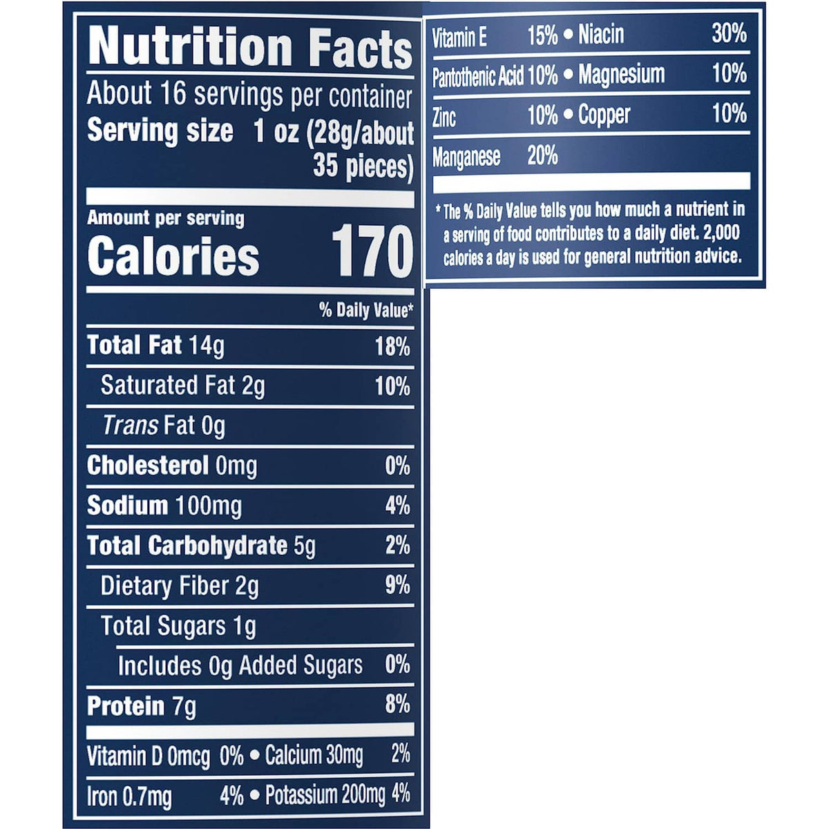 Nutrition facts label for salted peanuts with calories, fat, sodium, carbs, and protein
