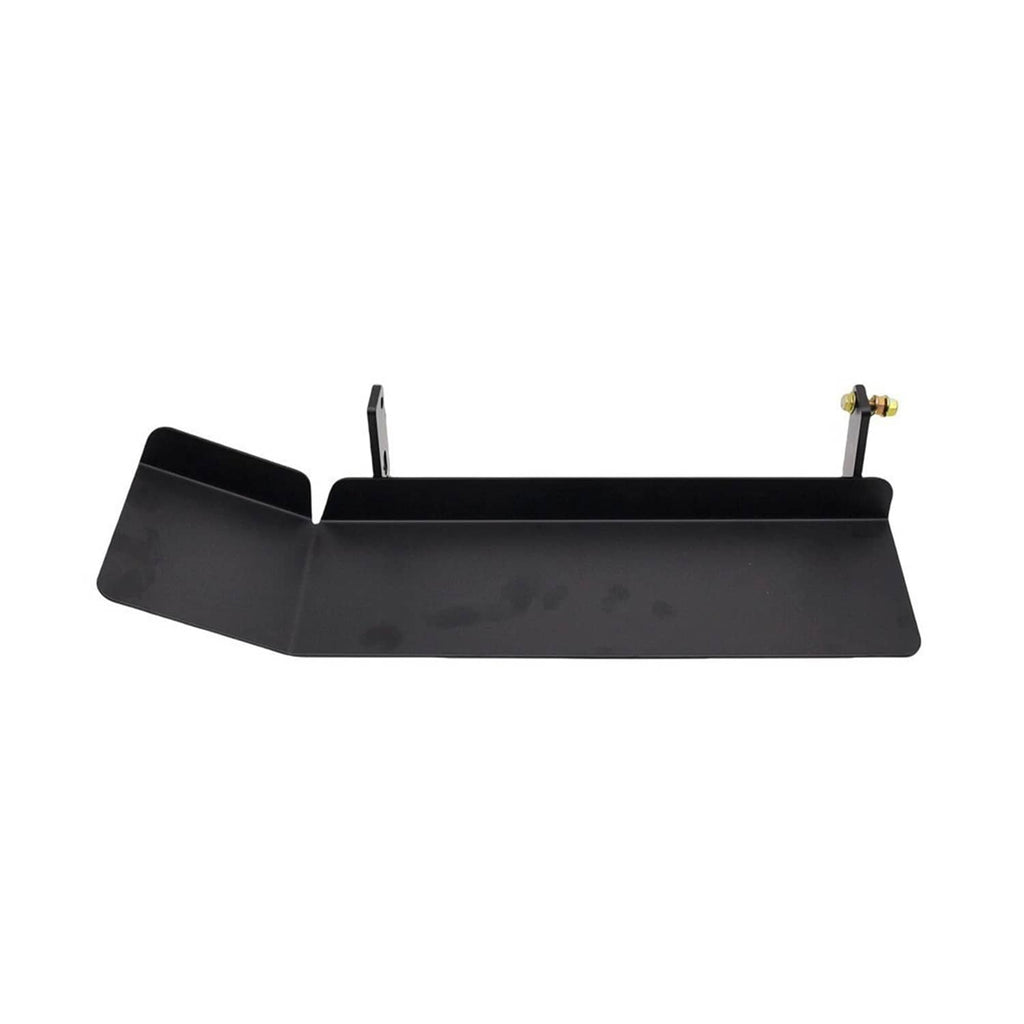 Black steel chute blocker blade with upright brackets and mounting feet