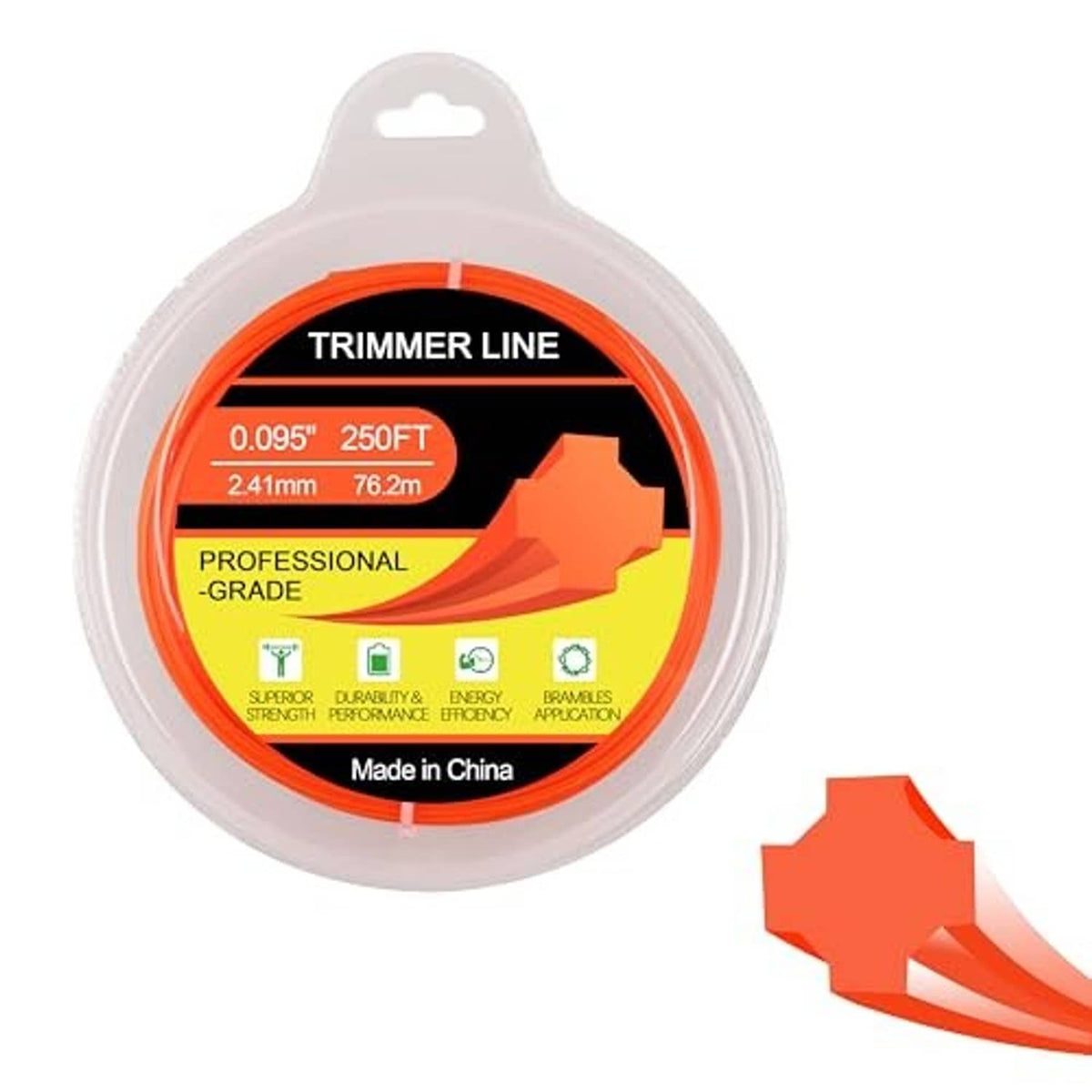 Orange trimmer line spool in clear round package with partial line segment