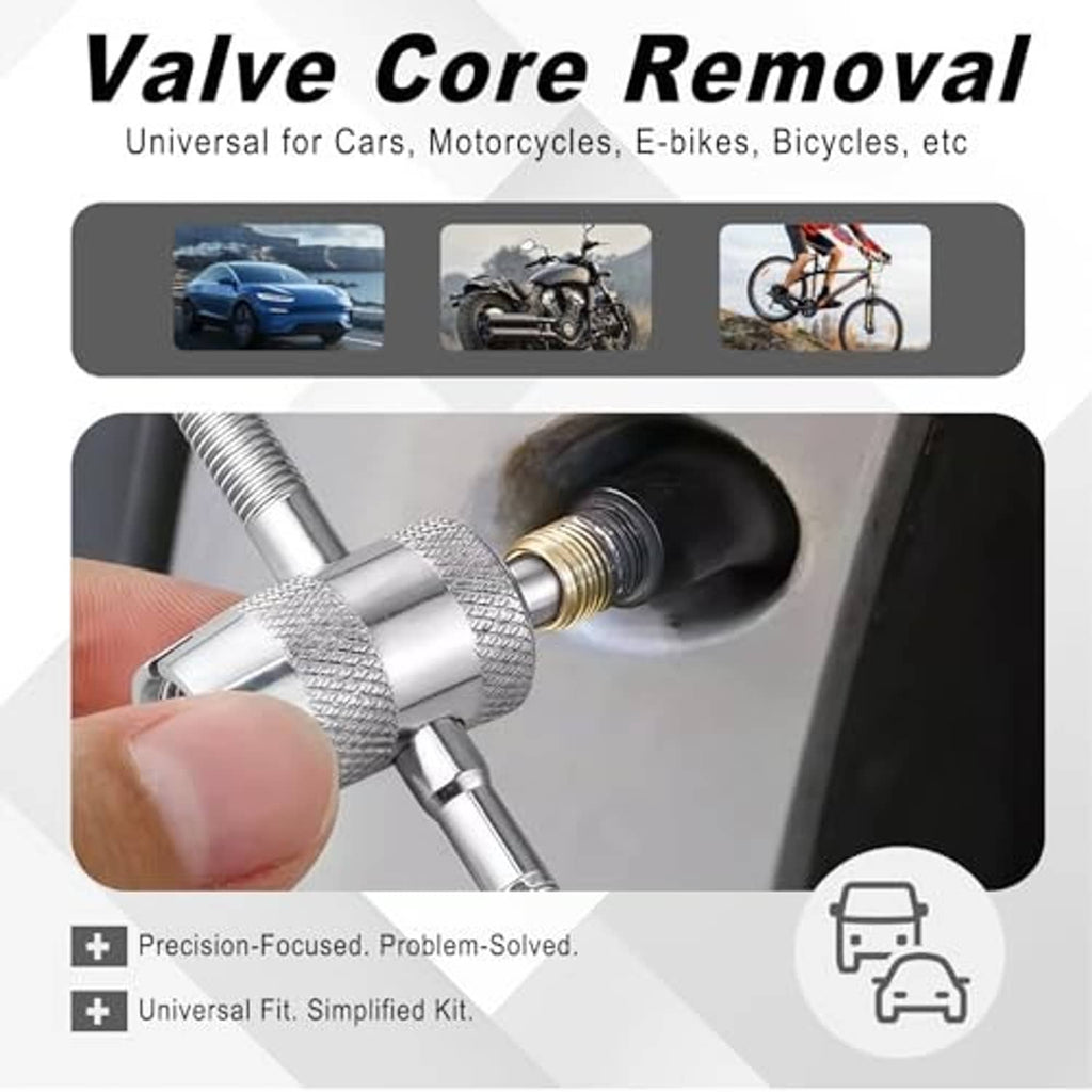 Silver valve core removal tool inserted into a tire valve stem with threaded shaft